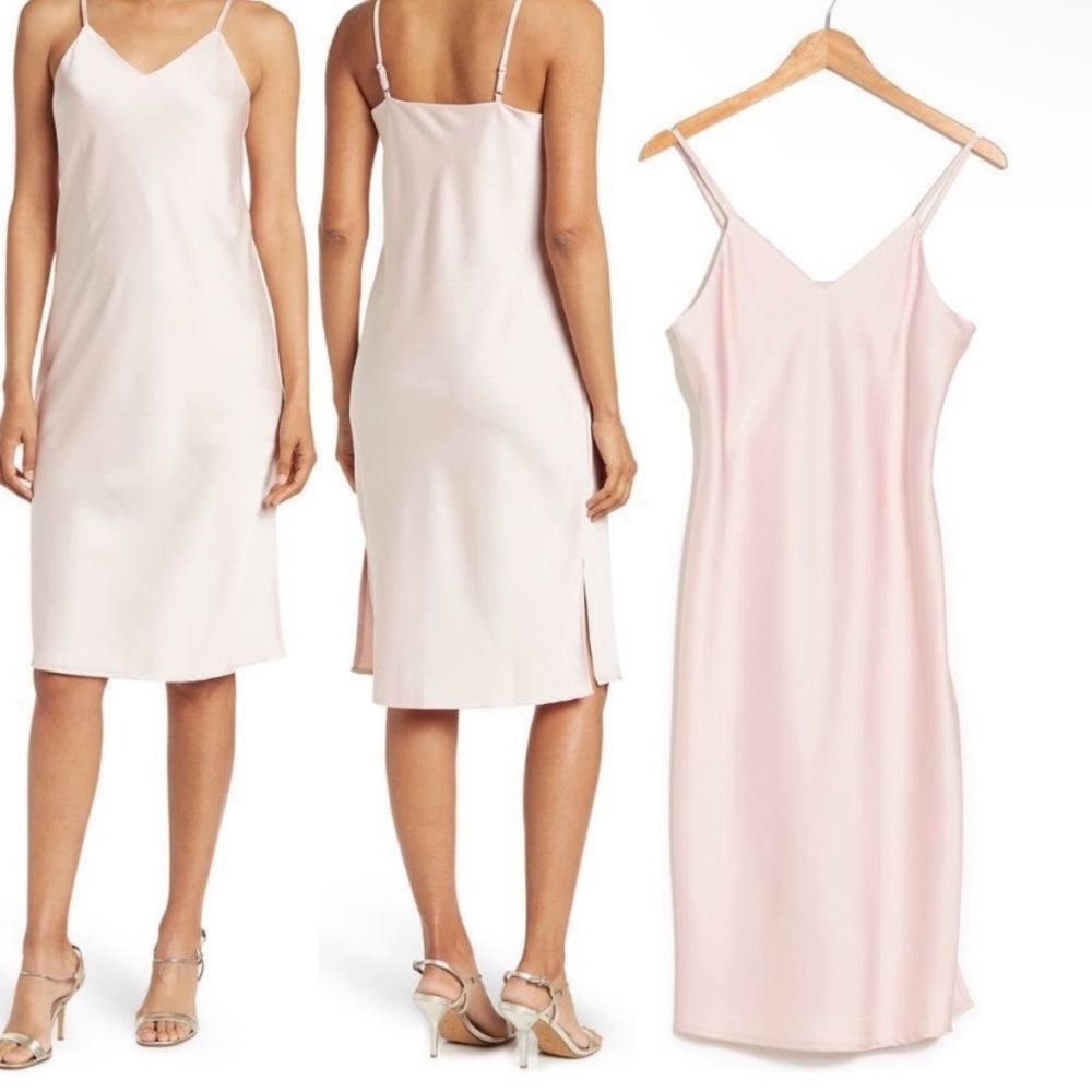 NWT Sam Edelman Solid Satin Crepe Cami Camisole V Neck Midi BlushBaby Pink Dress